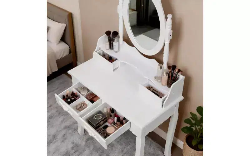 Coiffeuse Maquillage Moderne avec Miroir, 4 Tiroirs, Tabouret Assorti pour Chambres de Filles, Finition Blanche, Design Compact