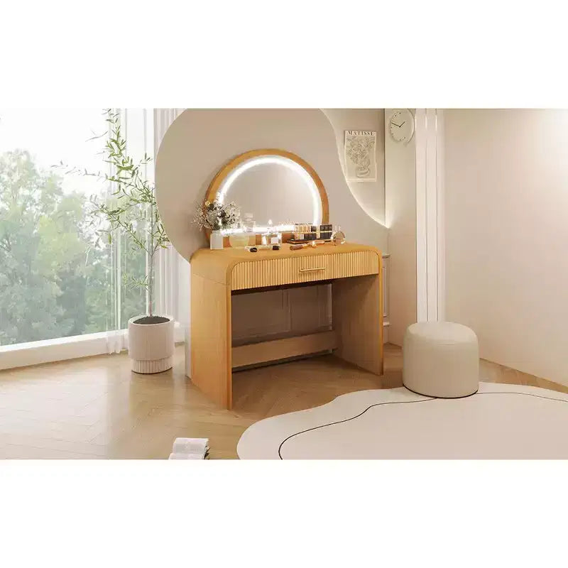 Coiffeuse d'angle élégante de 99 cm avec miroir éclairé, rangement organisé pour chambre à coucher, finition naturelle, éclairage à intensité variable