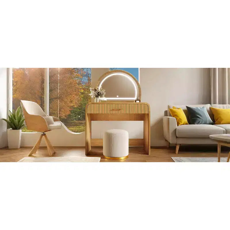 Coiffeuse d'angle élégante de 99 cm avec miroir éclairé, rangement organisé pour chambre à coucher, finition naturelle, éclairage à intensité variable