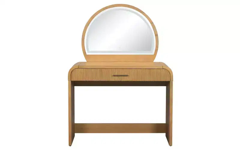 Coiffeuse d'angle élégante de 99 cm avec miroir éclairé, rangement organisé pour chambre à coucher, finition naturelle, éclairage à intensité variable