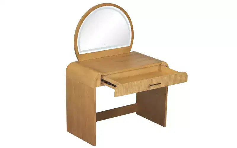 Coiffeuse d'angle élégante de 99 cm avec miroir éclairé, rangement organisé pour chambre à coucher, finition naturelle, éclairage à intensité variable