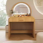 Coiffeuse d'angle élégante de 99 cm avec miroir éclairé, rangement organisé pour chambre à coucher, finition naturelle, éclairage à intensité variable