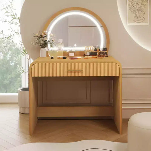 Coiffeuse d'angle élégante de 99 cm avec miroir éclairé, rangement organisé pour chambre à coucher, finition naturelle, éclairage à intensité variable