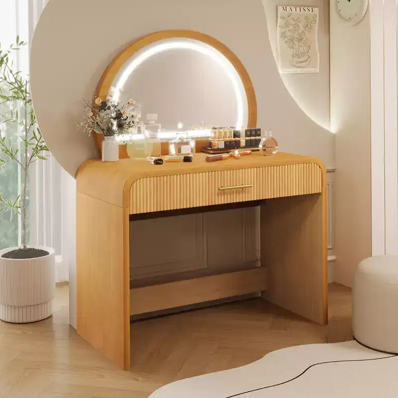Coiffeuse d'angle élégante de 99 cm avec miroir éclairé, rangement organisé pour chambre à coucher, finition naturelle, éclairage à intensité variable
