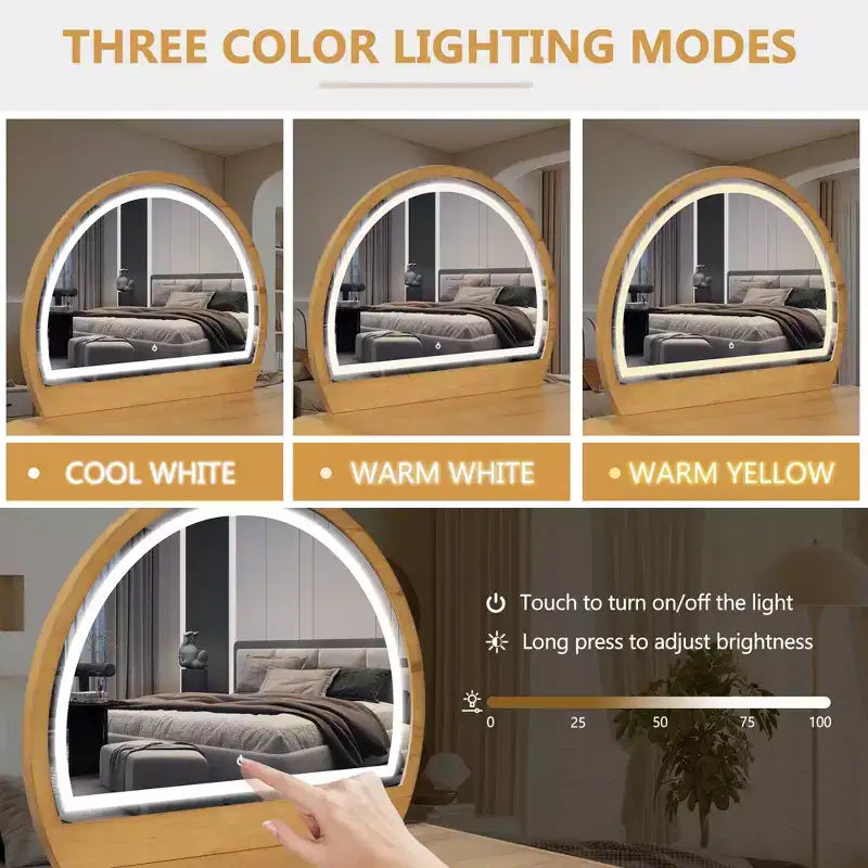 Coiffeuse d'angle élégante de 99 cm avec miroir éclairé, rangement organisé pour chambre à coucher, finition naturelle, éclairage à intensité variable