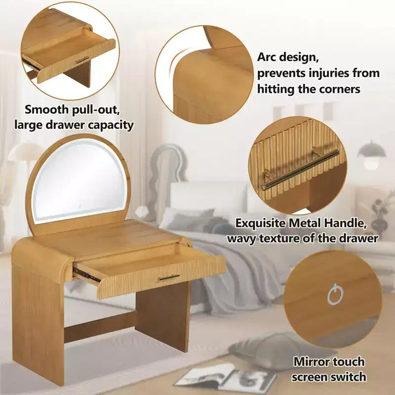 Coiffeuse d'angle élégante de 99 cm avec miroir éclairé, rangement organisé pour chambre à coucher, finition naturelle, éclairage à intensité variable