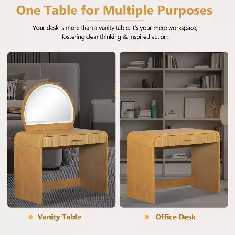 Coiffeuse d'angle élégante de 99 cm avec miroir éclairé, rangement organisé pour chambre à coucher, finition naturelle, éclairage à intensité variable