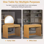 Coiffeuse d'angle élégante de 99 cm avec miroir éclairé, rangement organisé pour chambre à coucher, finition naturelle, éclairage à intensité variable