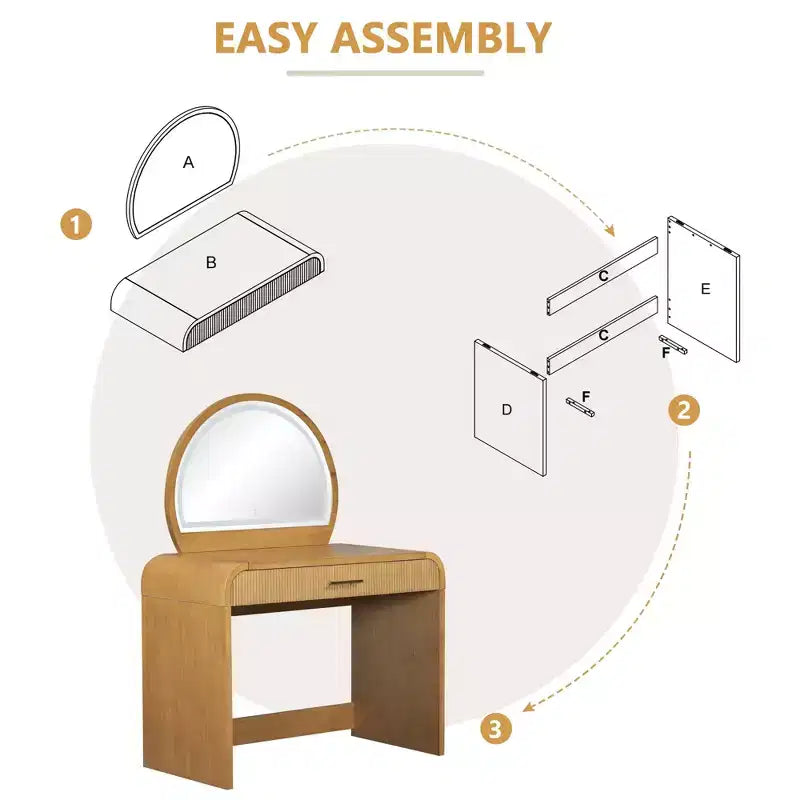 Coiffeuse d'angle élégante de 99 cm avec miroir éclairé, rangement organisé pour chambre à coucher, finition naturelle, éclairage à intensité variable