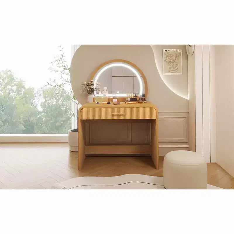 Coiffeuse d'angle élégante de 99 cm avec miroir éclairé, rangement organisé pour chambre à coucher, finition naturelle, éclairage à intensité variable