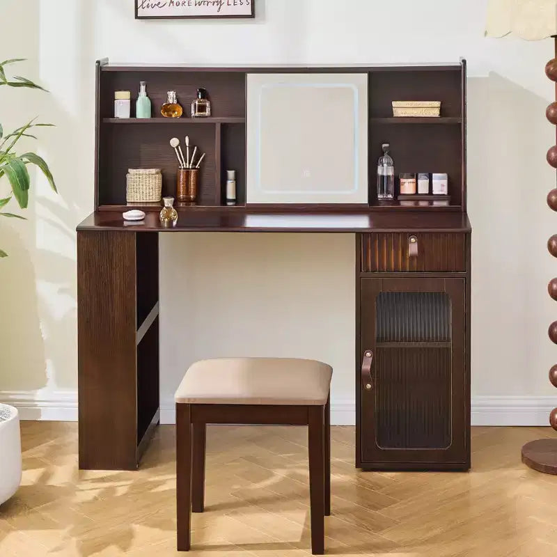 Modern Makeup Vanity Desk with Sliding LED Mirror, Cabinet and Shelf Storage, Side Cabinet, Matching Stool, and Open Shelves for Bedroom