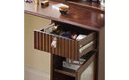 Coiffeuse moderne avec miroir LED coulissant, meuble de rangement et étagères, meuble d'appoint, tabouret assorti et étagères ouvertes pour chambre à coucher