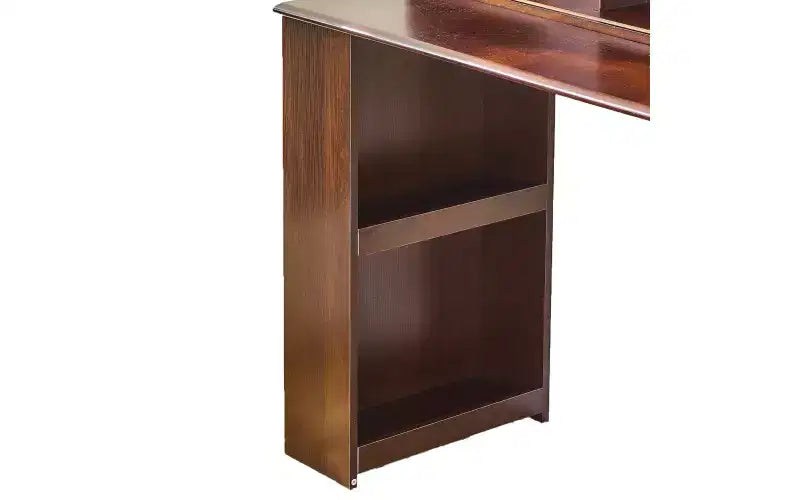 Coiffeuse moderne avec miroir LED coulissant, meuble de rangement et étagères, meuble d'appoint, tabouret assorti et étagères ouvertes pour chambre à coucher
