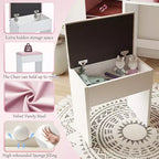 Coiffeuse moderne avec miroir LED coulissant, meuble de rangement et étagères, meuble d'appoint, tabouret assorti et étagères ouvertes pour chambre à coucher