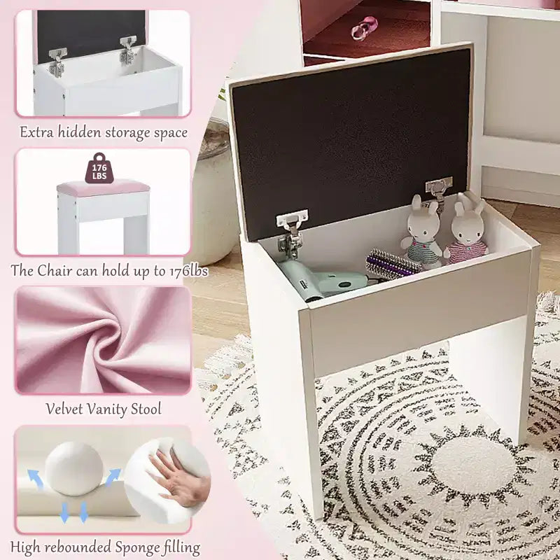 Coiffeuse moderne avec miroir LED coulissant, meuble de rangement et étagères, meuble d'appoint, tabouret assorti et étagères ouvertes pour chambre à coucher