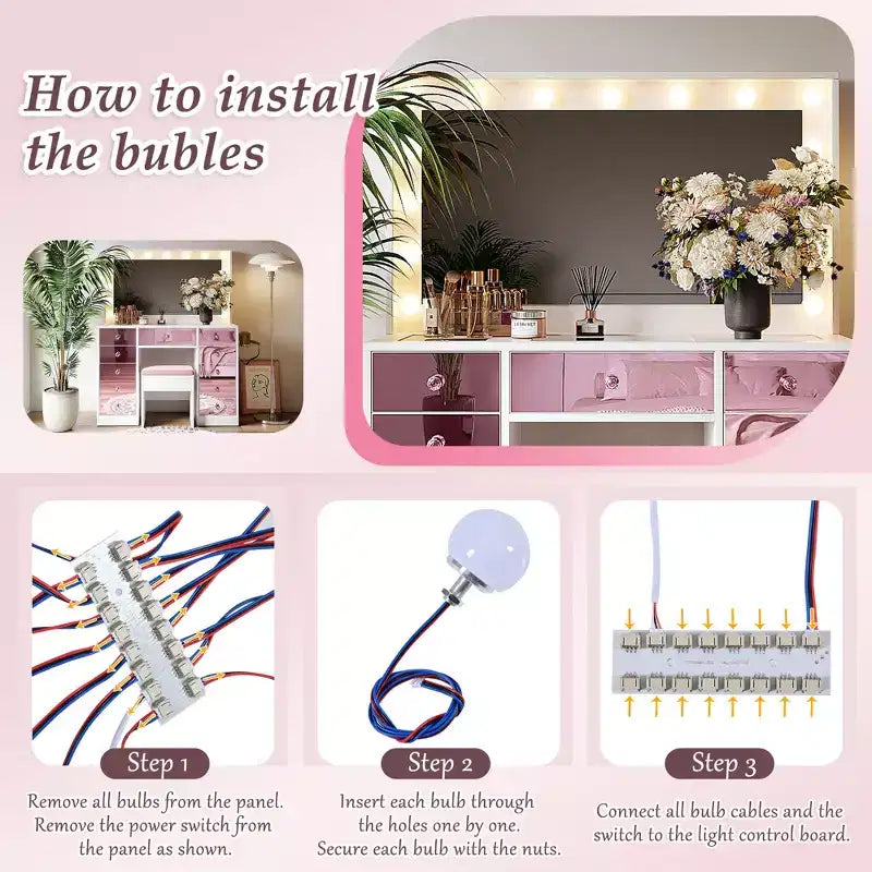 Coiffeuse moderne avec miroir LED coulissant, meuble de rangement et étagères, meuble d'appoint, tabouret assorti et étagères ouvertes pour chambre à coucher