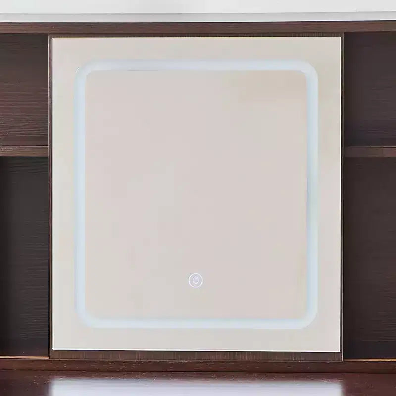 Coiffeuse moderne avec miroir LED coulissant, meuble de rangement et étagères, meuble d'appoint, tabouret assorti et étagères ouvertes pour chambre à coucher