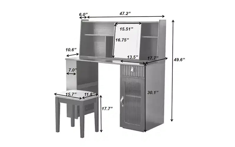 Coiffeuse moderne avec miroir LED coulissant, meuble de rangement et étagères, meuble d'appoint, tabouret assorti et étagères ouvertes pour chambre à coucher