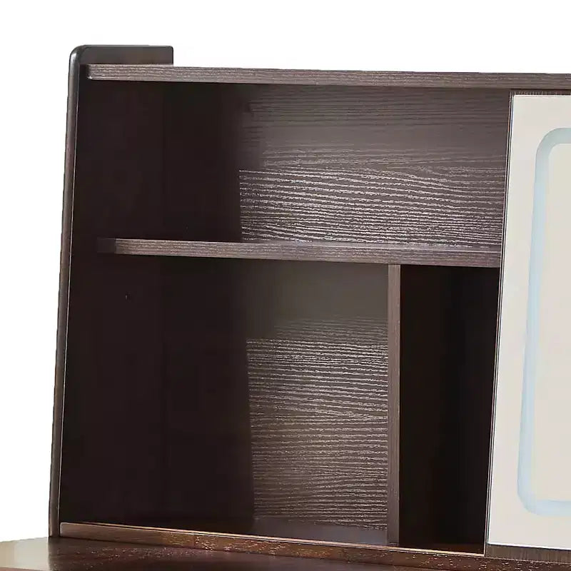 Coiffeuse moderne avec miroir LED coulissant, meuble de rangement et étagères, meuble d'appoint, tabouret assorti et étagères ouvertes pour chambre à coucher