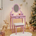Contemporary Makeup Vanity Desk with Mirror, 3 Drawers, Matching Stool for Bedroom, Pink Finish, Space-Saving Design