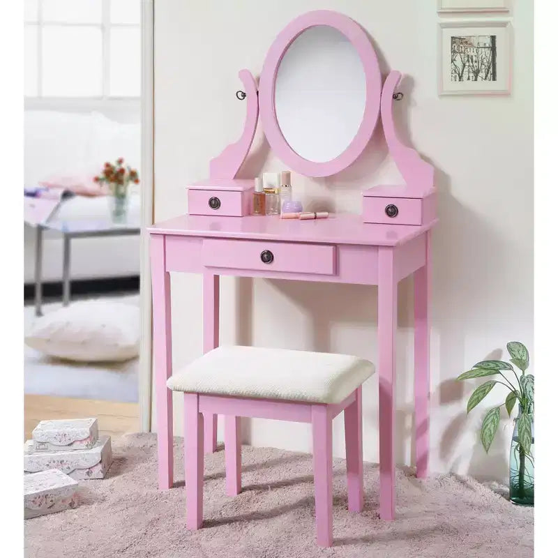 Coiffeuse contemporaine avec miroir, 3 tiroirs, tabouret assorti pour chambre à coucher, finition rose, design peu encombrant