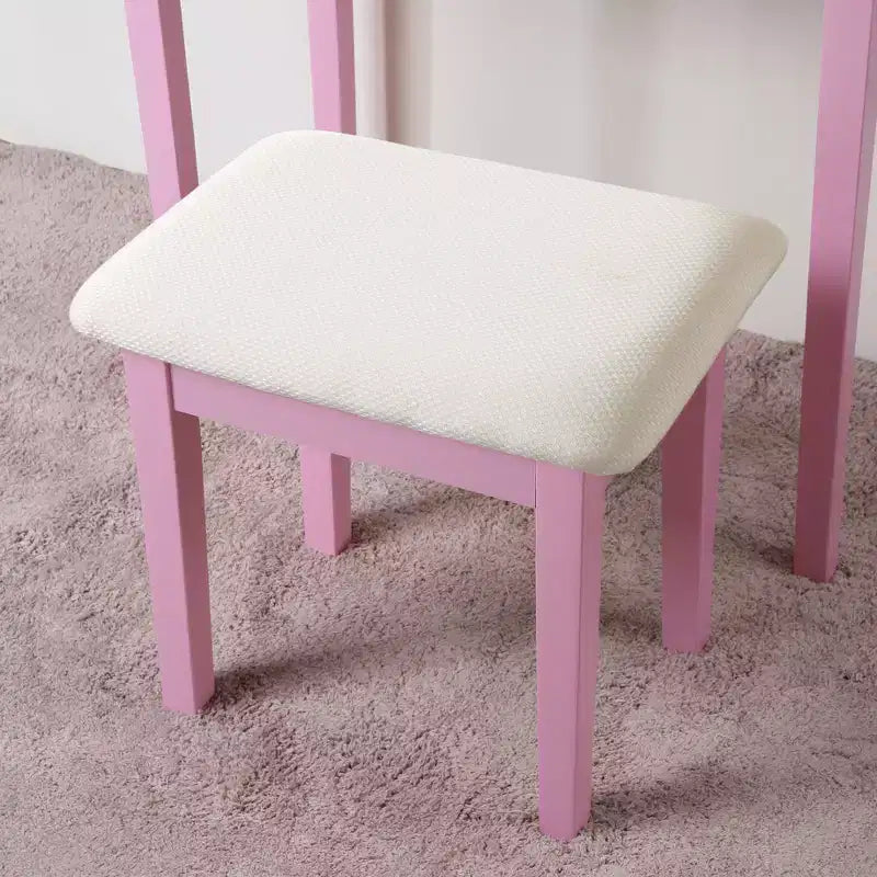 Coiffeuse contemporaine avec miroir, 3 tiroirs, tabouret assorti pour chambre à coucher, finition rose, design peu encombrant