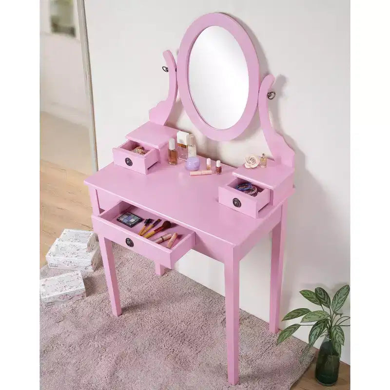 Coiffeuse contemporaine avec miroir, 3 tiroirs, tabouret assorti pour chambre à coucher, finition rose, design peu encombrant