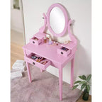 Coiffeuse contemporaine avec miroir, 3 tiroirs, tabouret assorti pour chambre à coucher, finition rose, design peu encombrant