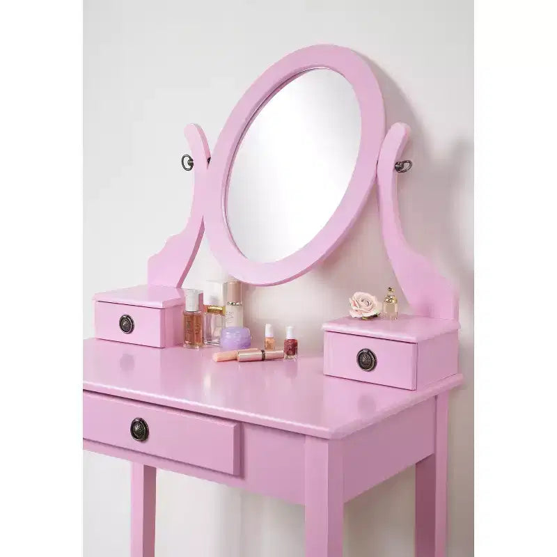 Coiffeuse contemporaine avec miroir, 3 tiroirs, tabouret assorti pour chambre à coucher, finition rose, design peu encombrant