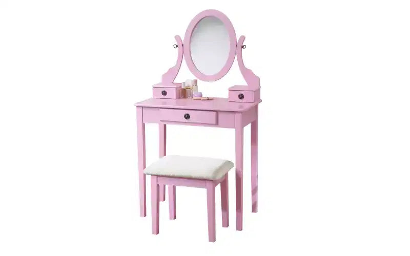 Coiffeuse contemporaine avec miroir, 3 tiroirs, tabouret assorti pour chambre à coucher, finition rose, design peu encombrant