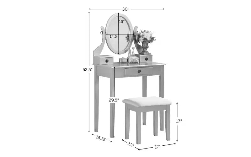 Coiffeuse contemporaine avec miroir, 3 tiroirs, tabouret assorti pour chambre à coucher, finition rose, design peu encombrant