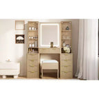 Coiffeuse contemporaine avec miroir, 3 tiroirs, tabouret assorti pour chambre à coucher, finition rose, design peu encombrant