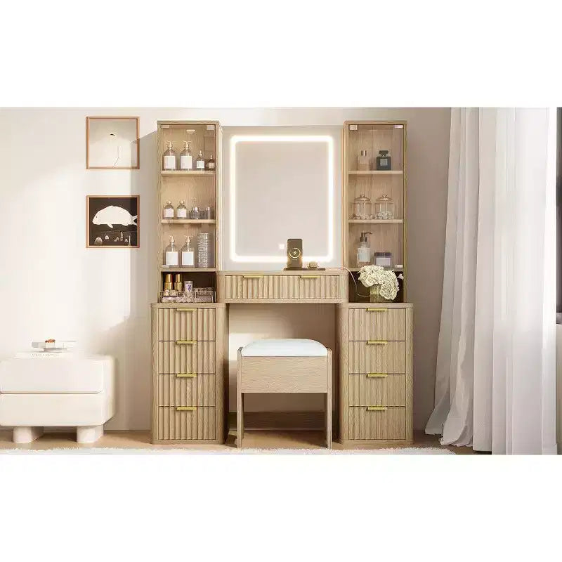 Coiffeuse contemporaine avec miroir, 3 tiroirs, tabouret assorti pour chambre à coucher, finition rose, design peu encombrant