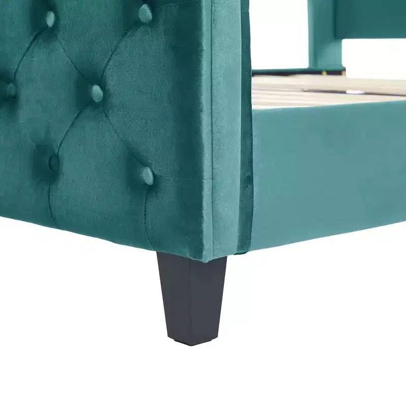 Cadre de lit plateforme Whisen 43.3 King avec tête de lit capitonnée, pied de lit à volutes, velours touffeté, quincaillerie antirouille, assemblage facile