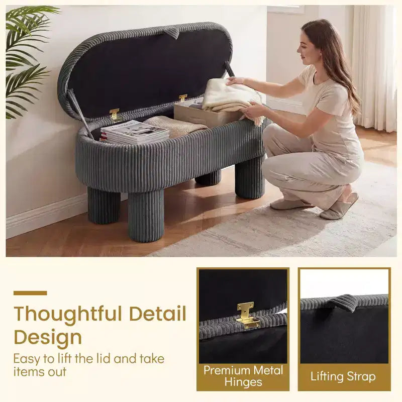 Banc ottoman de rangement Costway 42 avec compartiment de rangement caché et pieds pour salon Gris/Beige