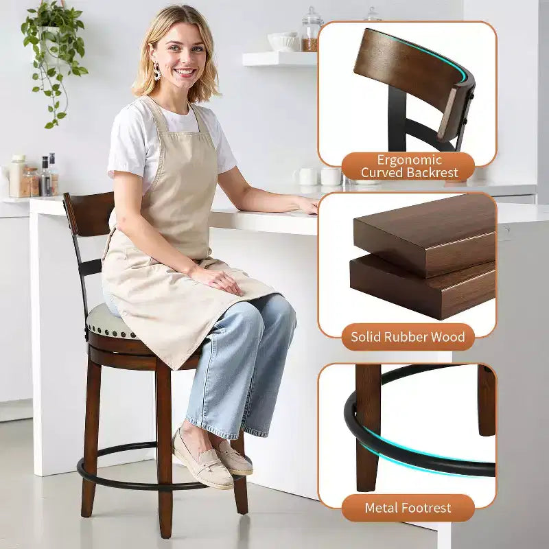 Tabouret de bar pivotant FDW - Hauteur de comptoir de 24,4 pouces, pivotant à 360°, structure en métal et bois, assise rembourrée avec repose-pieds en métal