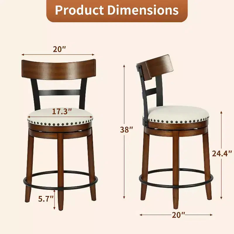 Tabouret de bar pivotant FDW - Hauteur de comptoir de 24,4 pouces, pivotant à 360°, structure en métal et bois, assise rembourrée avec repose-pieds en métal