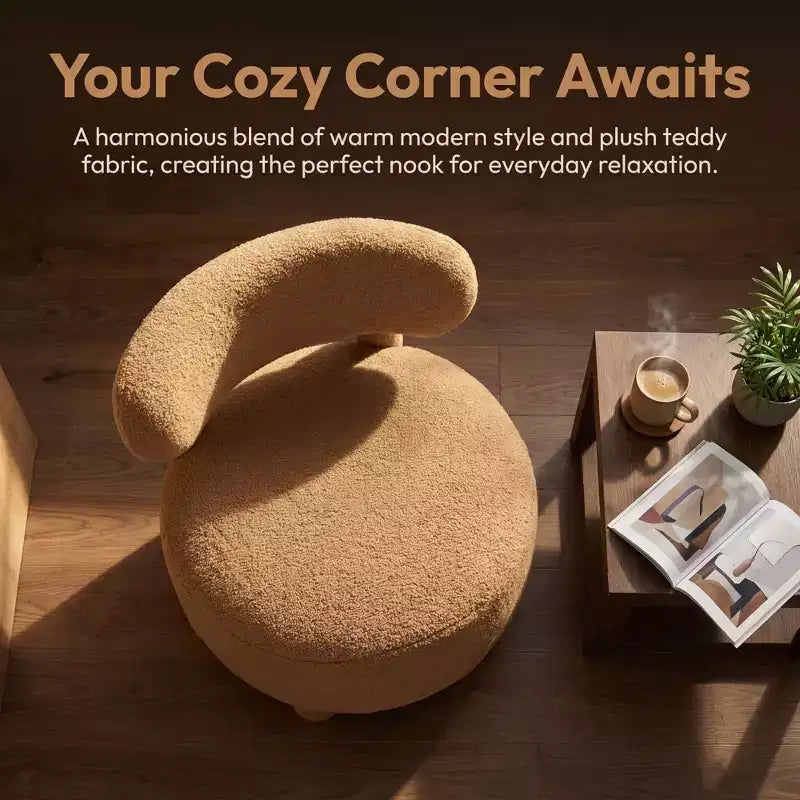 Fauteuil d'appoint en fausse fourrure, fauteuil crapaud moderne rembourré avec dossier incurvé, fauteuil de salon sans accoudoirs avec pieds en bois pour salon, chambre à coucher, coiffeuse (blanc)