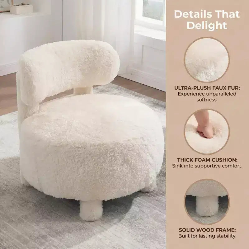 Fauteuil d'appoint en fausse fourrure, fauteuil crapaud moderne rembourré avec dossier incurvé, fauteuil de salon sans accoudoirs avec pieds en bois pour salon, chambre à coucher, coiffeuse (blanc)