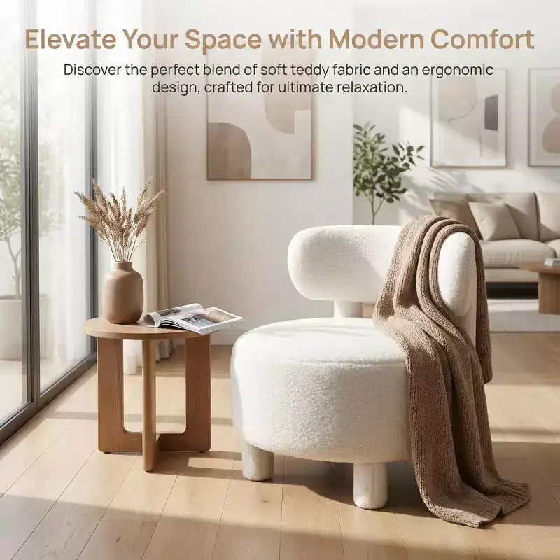 Fauteuil d'appoint en fausse fourrure, fauteuil crapaud moderne rembourré avec dossier incurvé, fauteuil de salon sans accoudoirs avec pieds en bois pour salon, chambre à coucher, coiffeuse (blanc)