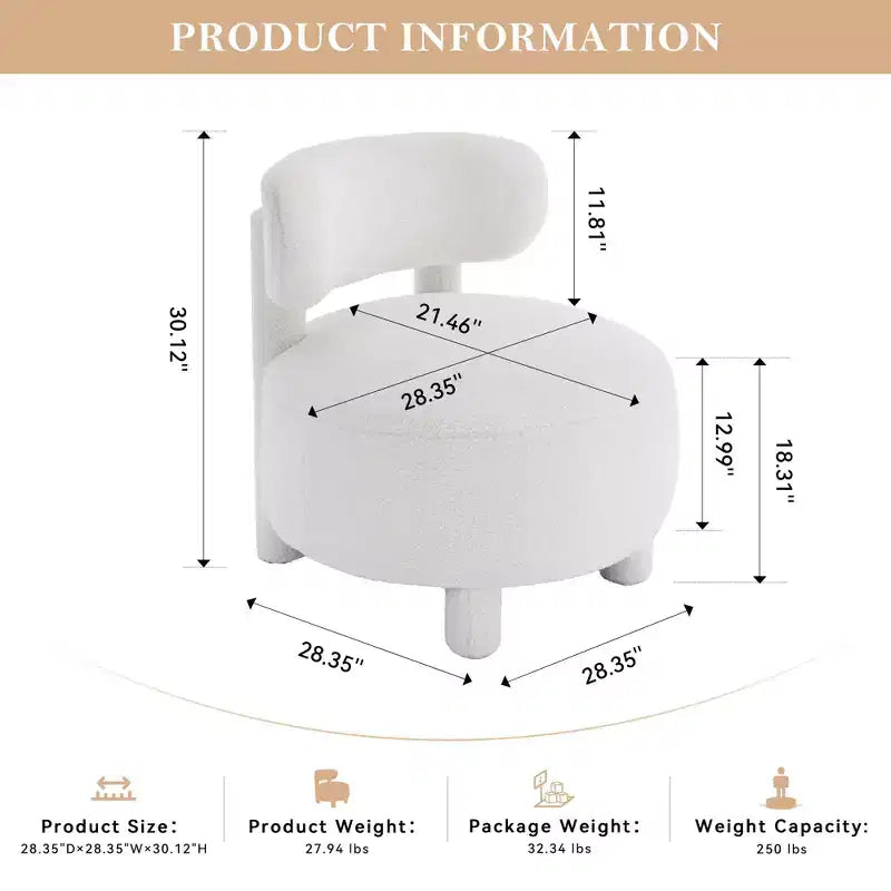 Fauteuil d'appoint en fausse fourrure, fauteuil crapaud moderne rembourré avec dossier incurvé, fauteuil de salon sans accoudoirs avec pieds en bois pour salon, chambre à coucher, coiffeuse (blanc)