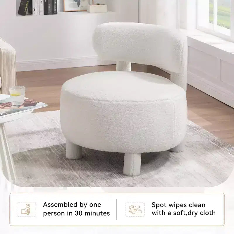 Fauteuil d'appoint en fausse fourrure, fauteuil crapaud moderne rembourré avec dossier incurvé, fauteuil de salon sans accoudoirs avec pieds en bois pour salon, chambre à coucher, coiffeuse (blanc)