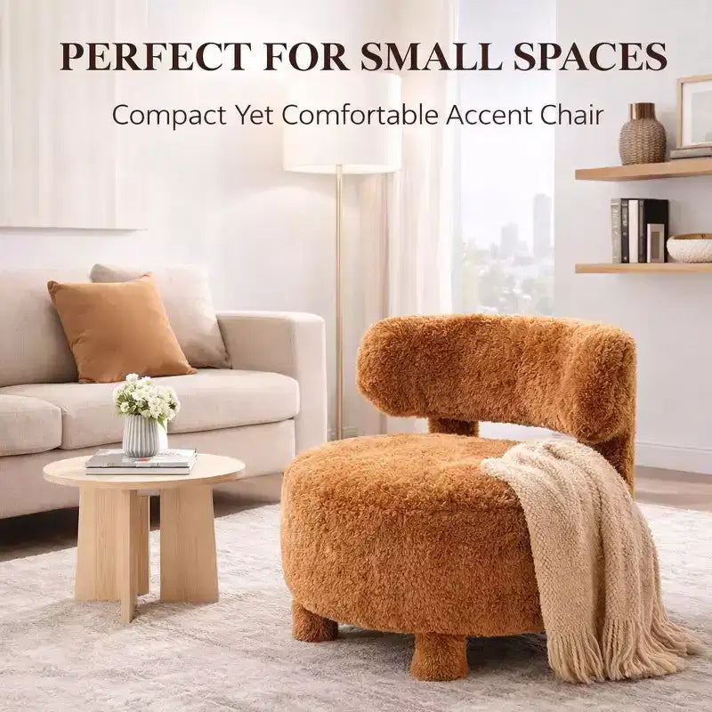 Fauteuil d'appoint en fausse fourrure, fauteuil crapaud moderne rembourré avec dossier incurvé, fauteuil de salon sans accoudoirs avec pieds en bois pour salon, chambre à coucher, coiffeuse (blanc)