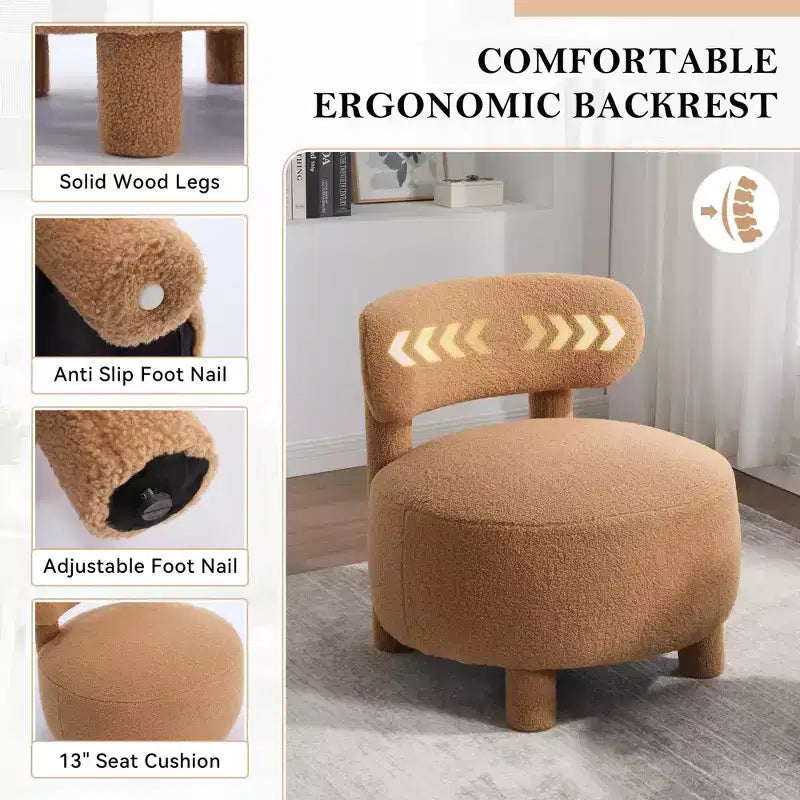 Fauteuil d'appoint en fausse fourrure, fauteuil crapaud moderne rembourré avec dossier incurvé, fauteuil de salon sans accoudoirs avec pieds en bois pour salon, chambre à coucher, coiffeuse (blanc)