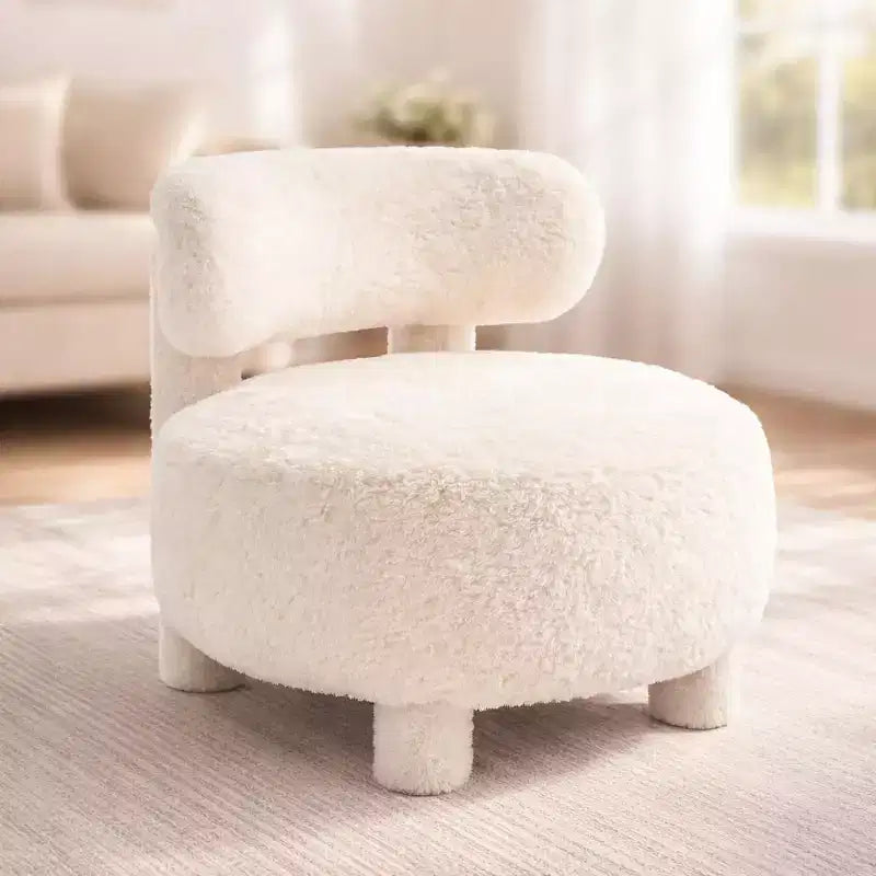 Fauteuil d'appoint en fausse fourrure, fauteuil crapaud moderne rembourré avec dossier incurvé, fauteuil de salon sans accoudoirs avec pieds en bois pour salon, chambre à coucher, coiffeuse (blanc)