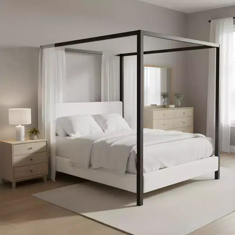 Lit à baldaquin Queen/King Size, Lit plateforme rembourré avec tête de lit capitonnée douce et cadre en métal noir robuste, Blanc - ModernLuxe