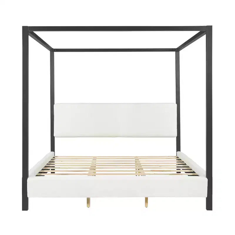 Lit à baldaquin Queen/King Size, Lit plateforme rembourré avec tête de lit capitonnée douce et cadre en métal noir robuste, Blanc - ModernLuxe