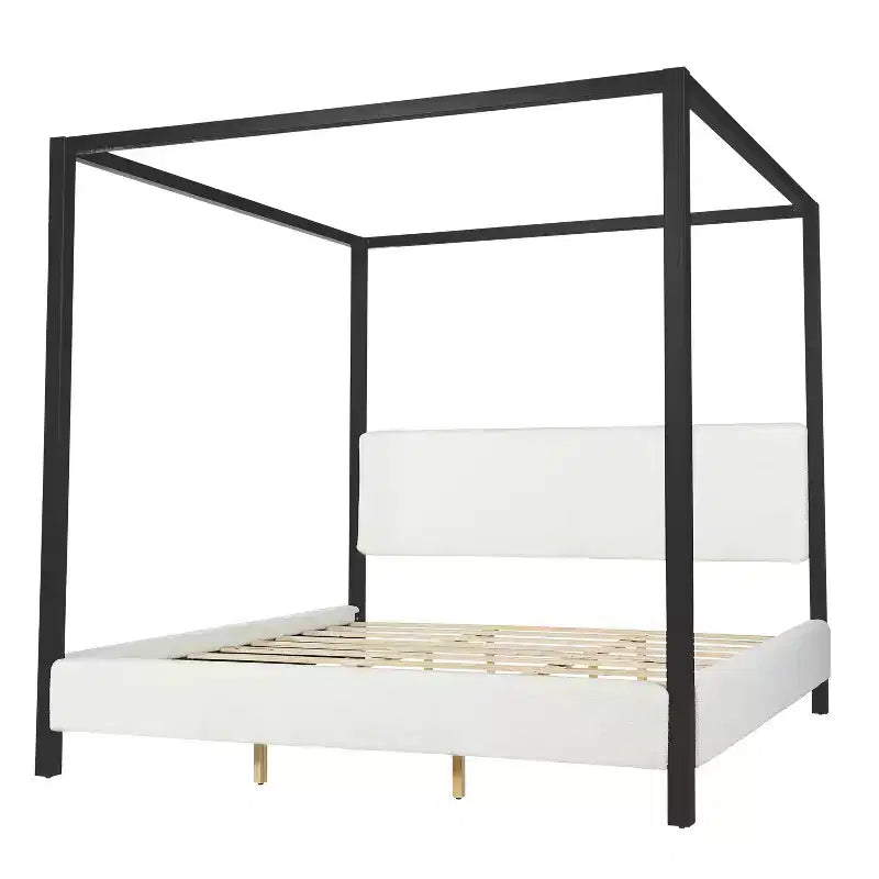 Lit à baldaquin Queen/King Size, Lit plateforme rembourré avec tête de lit capitonnée douce et cadre en métal noir robuste, Blanc - ModernLuxe