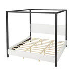 Lit à baldaquin Queen/King Size, Lit plateforme rembourré avec tête de lit capitonnée douce et cadre en métal noir robuste, Blanc - ModernLuxe