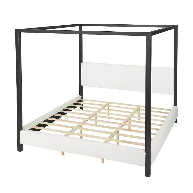 Lit à baldaquin Queen/King Size, Lit plateforme rembourré avec tête de lit capitonnée douce et cadre en métal noir robuste, Blanc - ModernLuxe
